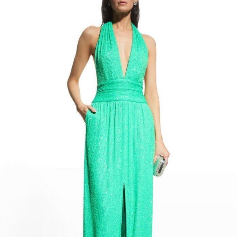 new TADASHI SHOJI Sasha Sequin Halter Maxi GOWN Dress Lime Green STUNNING! - Picture 11 of 16